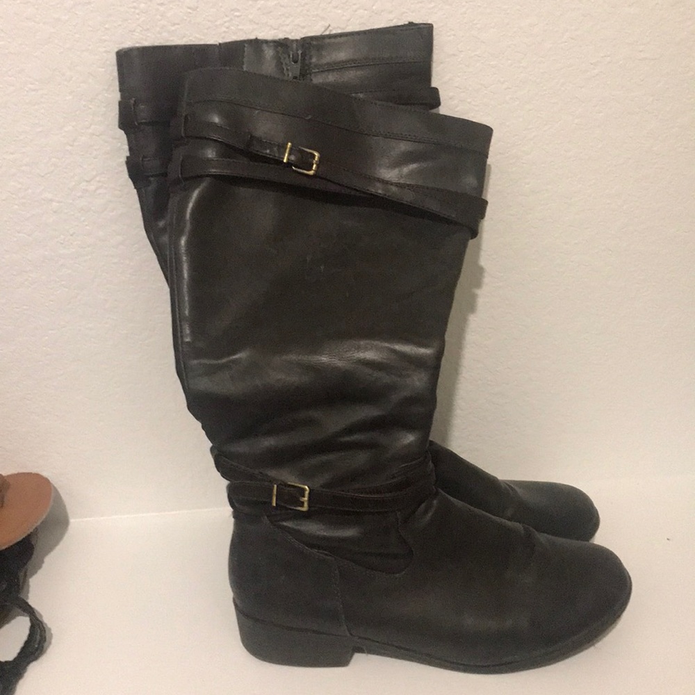 Wide calf, dark brown leather boots